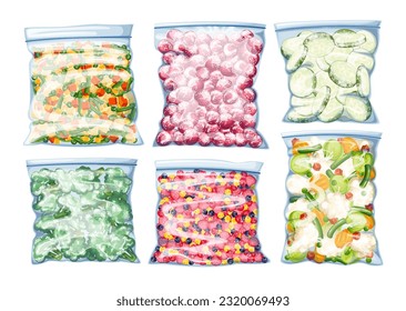 Frozen vegetable and berry fruit mix in plastic bags set vector illustration. Cartoon isolated frozen mixed vitamin products cut into in pieces for cooking recipe, collection of food ingredients