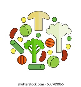 Frozen vegetable mix in a circle on white background. Stock vector illustration of sliced veggies . Healthy food.
