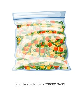 Mezcla de verduras congeladas en la ilustración vectorial de bolsas plásticas. Caricatura aislada de guisantes verdes mezclados, judías y zanahorias cortadas en trozos, maíz en un paquete transparente de polietileno, ingredientes de alimentos picados