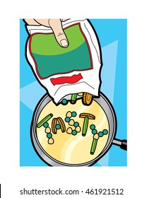 Frozen vegetables being poured into a sauce pan, veggies spell out "tasty," vector illustration.