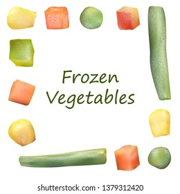 Frozen vegetables. Chopped vegetables isolated in a square. Peas, corn, pepper, carrot, french bean. Realistic vector illustration.