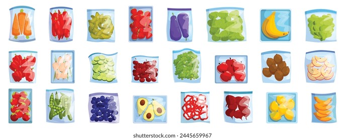 Frozen vegetables icons set cartoon vector. Vitamin product. Cooking recipe