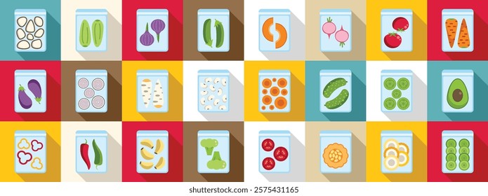 Frozen vegetables icons set. Colorful arrangement of various frozen vegetables stored in vacuum sealed bags, showcasing a practical method for preserving freshness