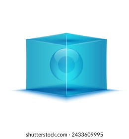Frozen virus cell in anabiosis in a 3D blue ice cube, isolated on a white background. Medical scientific vector illustration.
