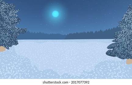 Frozen water covered with snow surrounded by fir trees, bright Moon and stars.