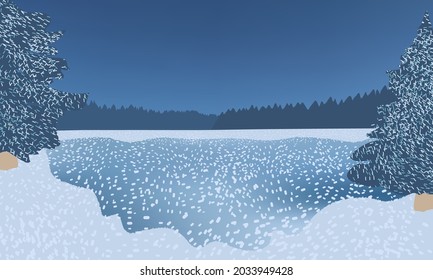 Frozen water covered with snow surrounded by fir trees, beautiful winter night.