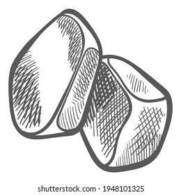 Frozen water cubes, ice for drinks and cocktails, servings in bars and pubs. Isolated icon of refreshing frosty cubicles, monochrome sketch outline. Purity and coolness. Vector in flat style