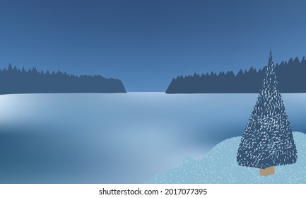 Frozen water surrounded with fir trees, beautiful winter night.