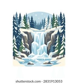 Frozen waterfall cascading between snowy pine trees.