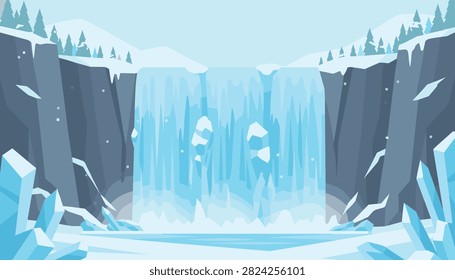 Frozen waterfall in a winter landscape with snow-covered rocks and pine trees under a clear blue sky.