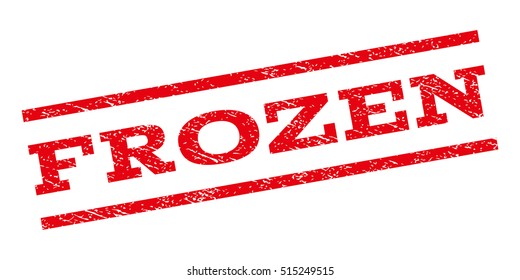 Frozen watermark stamp. Text tag between parallel lines with grunge design style. Rubber seal stamp with scratched texture. Vector red color ink imprint on a white background.