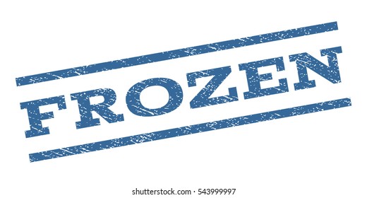 Frozen watermark stamp. Text tag between parallel lines with grunge design style. Rubber seal stamp with scratched texture. Vector cobalt blue color ink imprint on a white background.