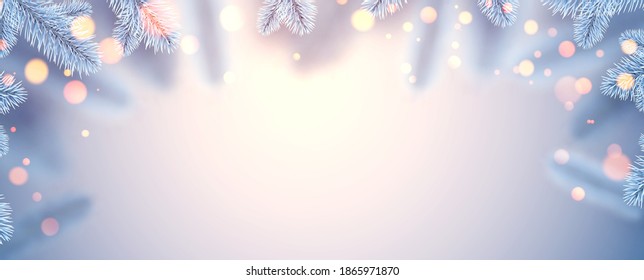 Frozen white spruce branches with bokeh lights. Winter Xmas decoration for cards, flyers, banners, posters. Vector illustration.
