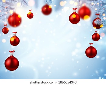 Ramas de abeto blanco congeladas con luces de boquilla. Rojo colgando azulejos. Decoración de navidad de invierno para volantes, pancartas. Ilustración vectorial.
