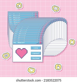 Frozen Window With Pixel Art Heart And Retro User Interface Buttons. Pixel Icons Stickers - Comment, Like, Heart, Bell, Message.Nostalgic Y2k Aesthetics Of An Old Computer. Vector Illustration On Pink