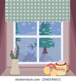 Frozen window winter background with plaid curtain, pine trees, snowman, cup of chocolate, earmuffs and snowflakes. Vector illustration cozy winter scene with warm color. 