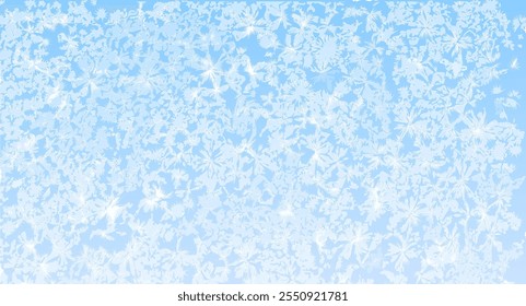 Frozen winter frost background. Abstract icy vector pattern in white and blue color. Frost-covered glass texture on a chilly winter morning