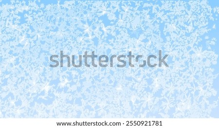 Frozen winter frost background. Abstract icy vector pattern in white and blue color. Frost-covered glass texture on a chilly winter morning