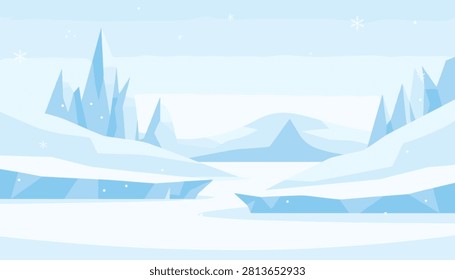 Frozen winter landscape depicting sharp blue ice glaciers and snowy hills under a pale cold sky with falling snowflakes.