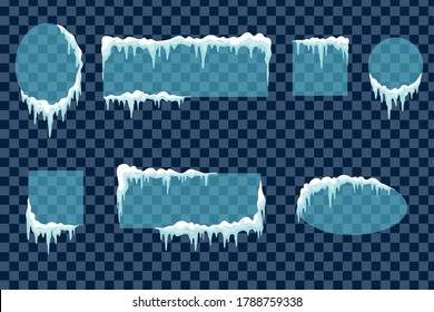 Frozen winter window border with ice and frost isolated. Empty frozen banners. Glass frames with snow caps.
