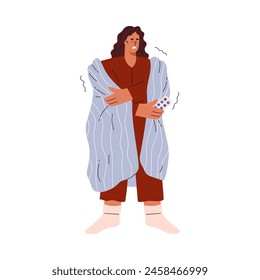 Frozen woman with medicine pills in hand wrapped in blue blanket vector flat illustration. Cartoon female character with flu sickness, feeling chills, unwell and weak. Healthcare, home treatment