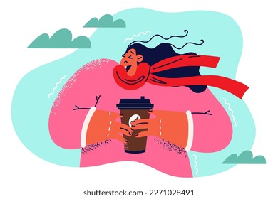 Frozen woman from plastic cup coffee stands on street and drinks hot drink to warm herself after sharp cold snap. Tired girl drinks coffee wanting to cheer up and gain strength after sleepless night