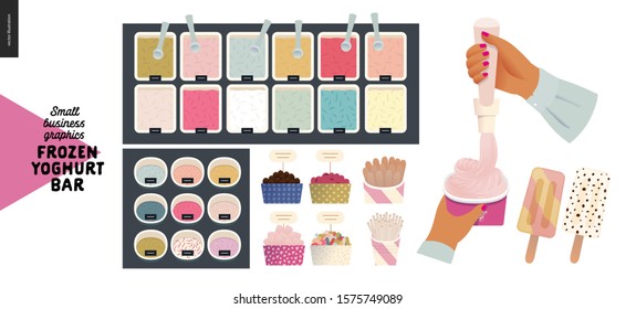 Frozen yoghurt bar - small business graphics - process and product -modern flat vector concept illustrations - frozen yoghurt and ice cream trays, topping and sprinkles, filling the paper cup in