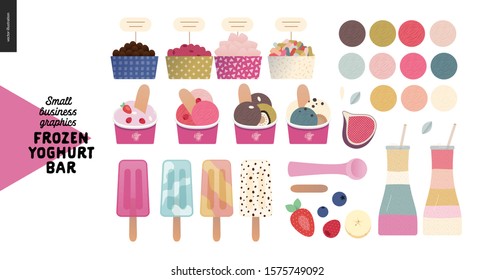 Frozen yoghurt bar - small business graphics - shop elements -modern flat vector concept illustrations - pavement stand, logo, blackboard, branded bag, menu, table, plants, posters, cash register