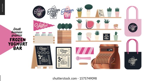 Frozen yoghurt bar - small business graphics - shop elements -modern flat vector concept illustrations - pavement stand, logo, blackboard, branded bag, menu, table, plants, posters, cash register