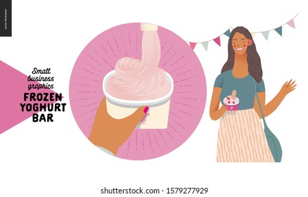 Frozen yoghurt bar - small business graphics - blog icon -modern flat vector concept illustrations - web icon, process of filling paper cup with frozen yoghurt. Young woman with youghurt, waving hand