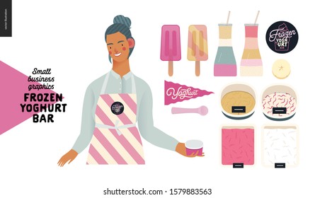 Frozen yoghurt bar - small business graphics - shop owner and range -modern flat vector concept illustrations - young woman wearing striped apron and set of ice cream, frozen yoghurt selection