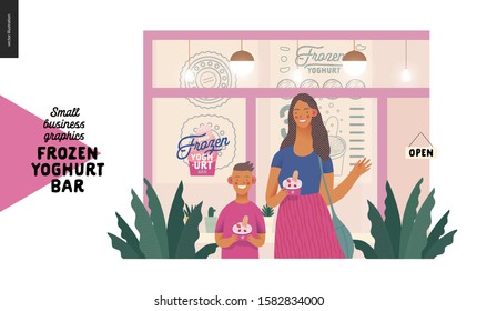 Frozen yoghurt bar - small business graphics - customers -modern flat vector concept illustrations - visitors - smiling woman waving hand and a boy holding cups of youghurt, entrance, window, facade