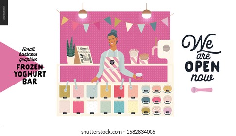 Frozen yoghurt bar - small business graphics - shop owner and range -modern flat vector concept illustrations - young woman wearing striped apron and set of ice cream, frozen yoghurt selection