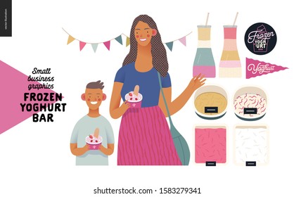 Frozen yoghurt bar - small business graphics - customers -modern flat vector concept illustrations - visitors - smiling woman waving hand and a boy holding cups of youghurt, range of ice cream, flag