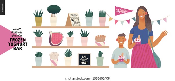 Frozen yoghurt bar - small business graphics - customers -modern flat vector concept illustrations - visitors - smiling woman waving hand and a boy holding cups of youghurt, interior decoration, flag