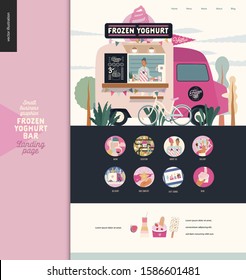 Frozen yoghurt bar - small business graphics - landing page design template - modern flat vector concept illustration of a dessert street food truck van, seller, menu, bicycle. Range of yoghurt and