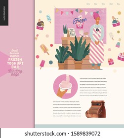 Frozen yoghurt bar - small business graphics - landing page design template -modern flat vector concept illustrations - smiling woman wearing striped apron at the counter, cash register, filling cup