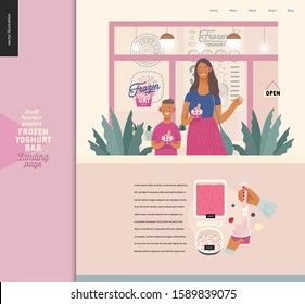 Frozen yoghurt bar - small business graphics - landing page design template. Modern flat vector concept illustrations - visitors - smiling woman waving hand and a boy holding cups of youghurt