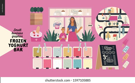 Frozen yoghurt bar - small business graphics - customers -modern flat vector concept illustrations - visitors - smiling woman waving hand and a boy holding cups of youghurt, range of ice cream, map