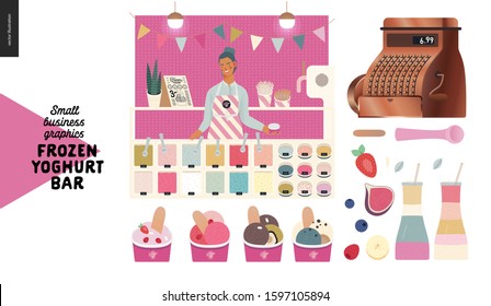 Frozen yoghurt bar - small business graphics - shop owner and shop elements -modern flat vector concept illustrations - young woman wearing apron, bar decoration, cash register, milkashake, ice cream