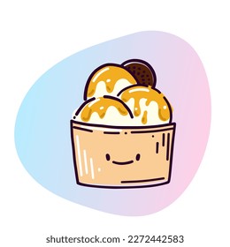 Frozen yogurt balls with topping and cookies in a paper cup with a smiley face. Vector illustration in doodle style