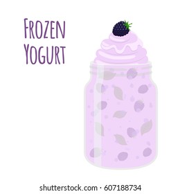 Frozen yogurt with blackberry in mason jar. Dessert, sweet food cup. Cartoon flat style.