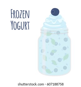 Frozen yogurt with blueberry in mason jar. Dessert, sweet food cup. Cartoon flat style.