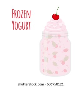 Frozen yogurt with cherry in mason jar. Dessert, sweet food cup. Cartoon flat style.