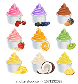 Frozen yogurt cups icons set with fruits and vanilla. Vector