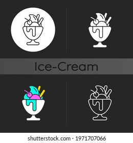 Frozen yogurt dark theme icon. Sweetened frozen dessert. Parfait. Decoration with various toppings. Cold snack. Linear white, simple glyph and RGB color styles. Isolated vector illustrations