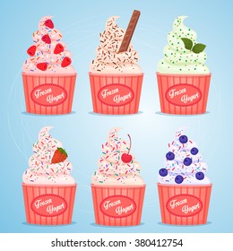 Frozen yogurt. Different flavor ice cream dessert with berry, cinnamon chocolate, mint additive illustration. Frozen yogurt in takeaway paper cup vector set isolated on blue gradient background
