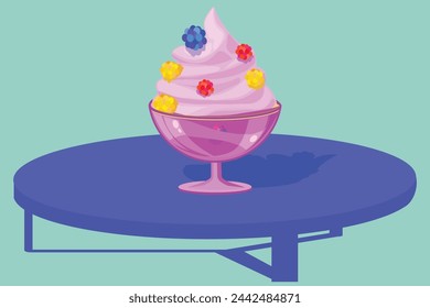 frozen yogurt in a glass pot, clear glass, cherry ice cream, oil paint style, digital paint, on a white background. Healthy food, everyday food, hand drawn illustration