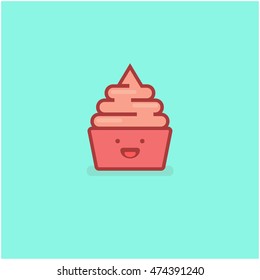 Frozen Yogurt (Line Art in Flat Style Vector Illustration Icon Design) With Smiley Face
