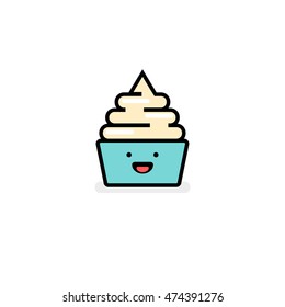 Frozen Yogurt (Line Art in Flat Style Vector Illustration Icon Design) With Smiley Face